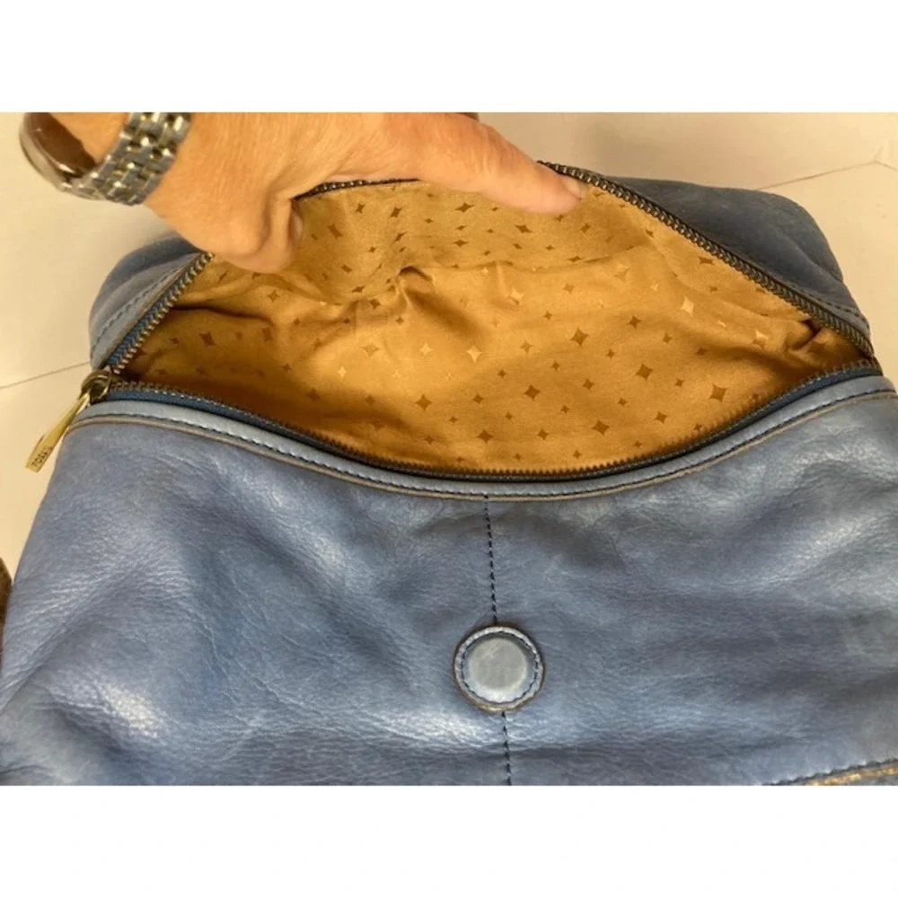 Vintage‎ Fossil Cowhide Leather Fold-Over Denim Blue Shoulder Bag Hobo